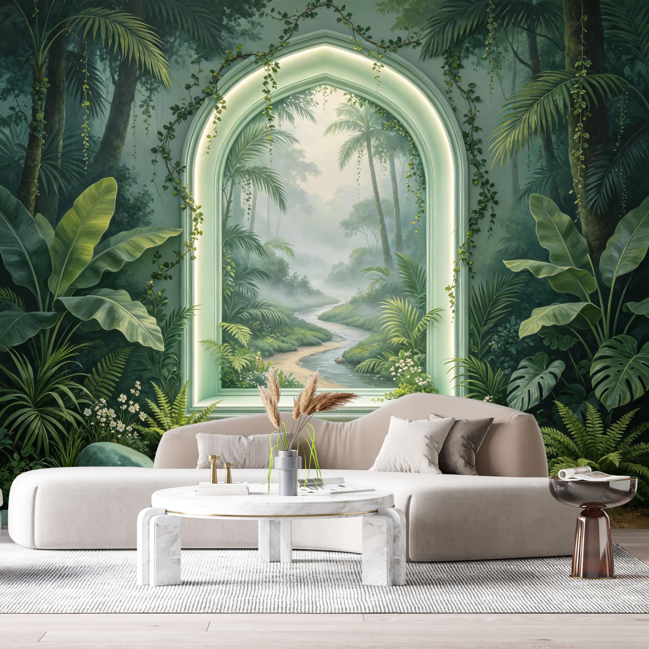 Custom Size Wall Murals Tropical Rainforest River View Arch Window 3D Trompe L'Oeil SelfAdhesiveWall Fabric Removable Wallpaper Wall Decor for Living Room Bedroom Bathroom