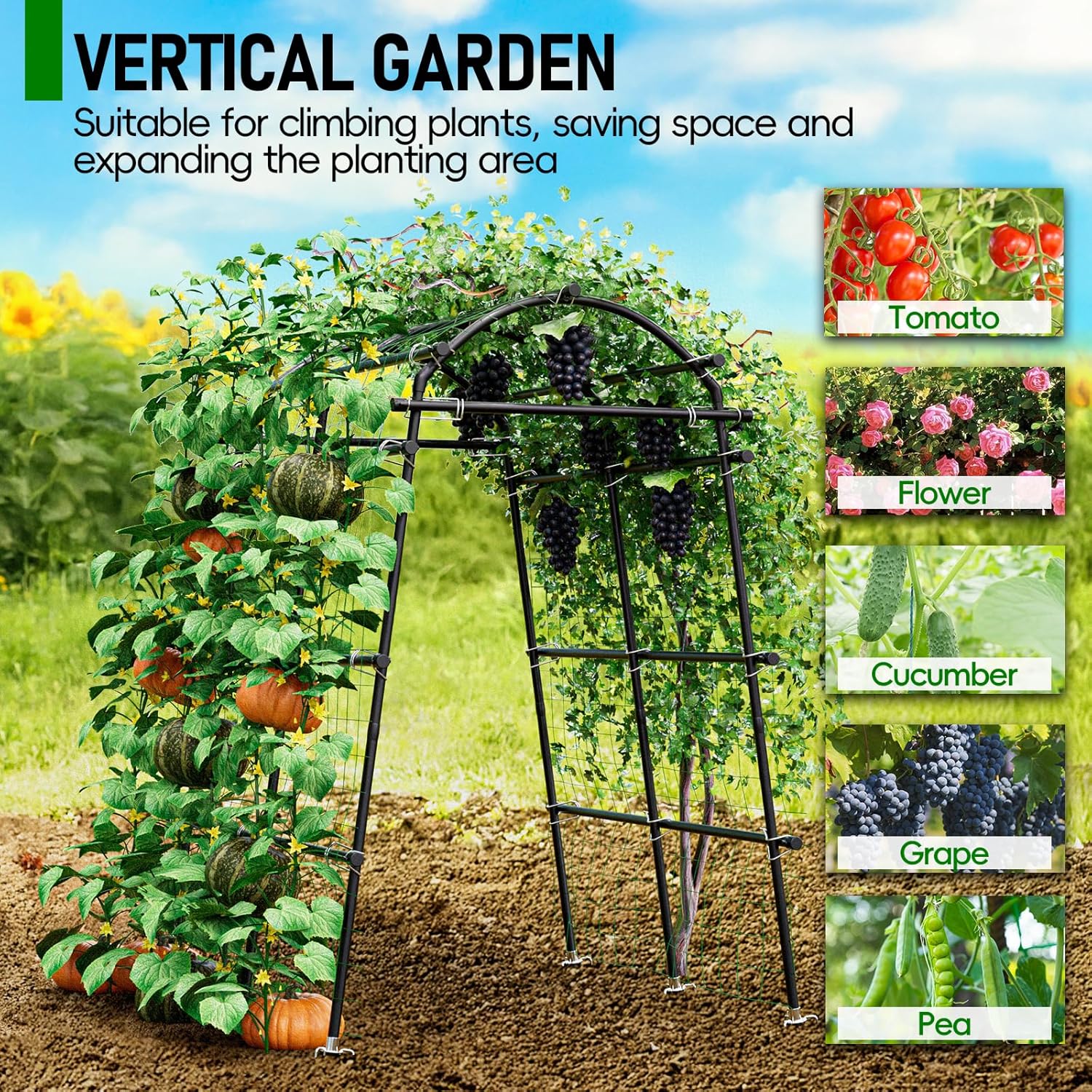 SPECILITE Garden Arch Trellis 86 in Extra Tall for Climbing Plants Outdoor, Steel Stainless Arched Arbors Tunnel Trellis with Netting, Includes Sure Clips, Cable Ties for Cucumber Tomato Vines