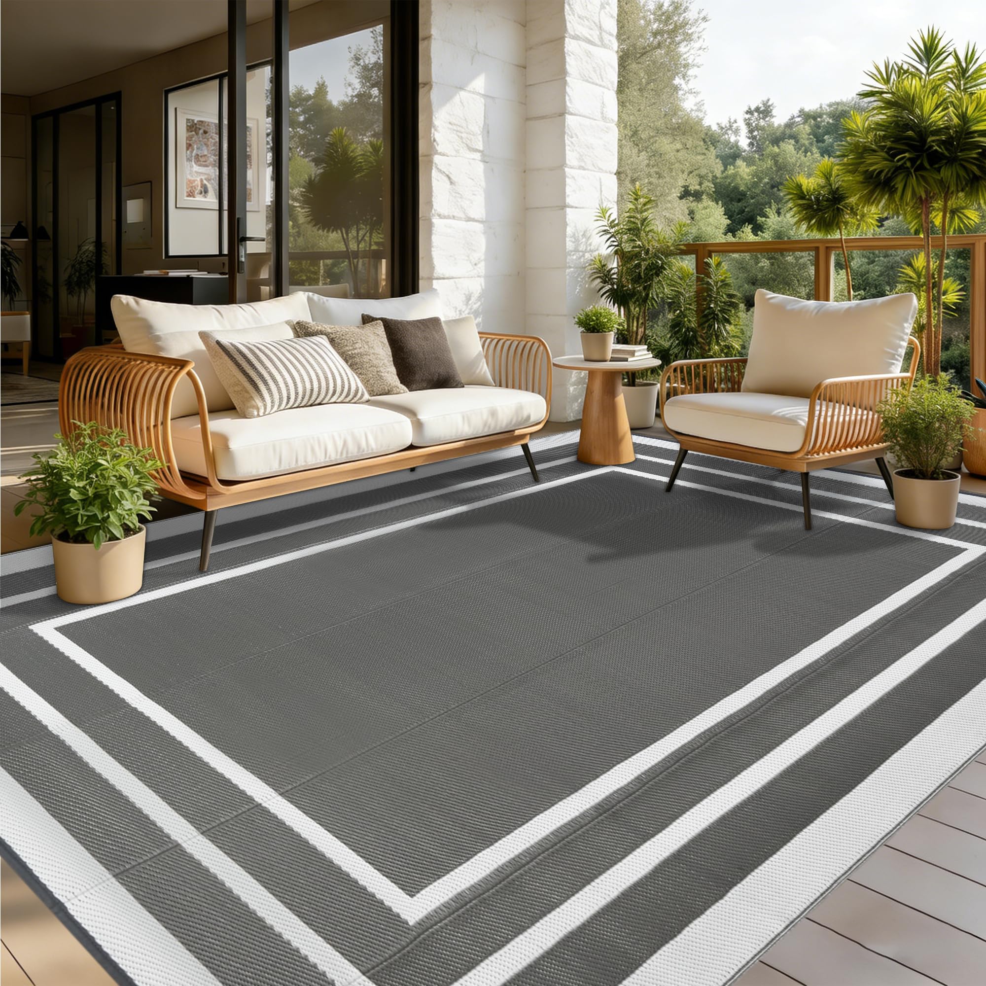 Outdoor Rugs for Patios Grey 150x245cm Waterproof Plastic Picnic Blanket Reversible Garden Rugs Outdoor UV Resistant Lightweight Camping Mat for Beach Balcony Deck Backyard RV BBQ — view 8