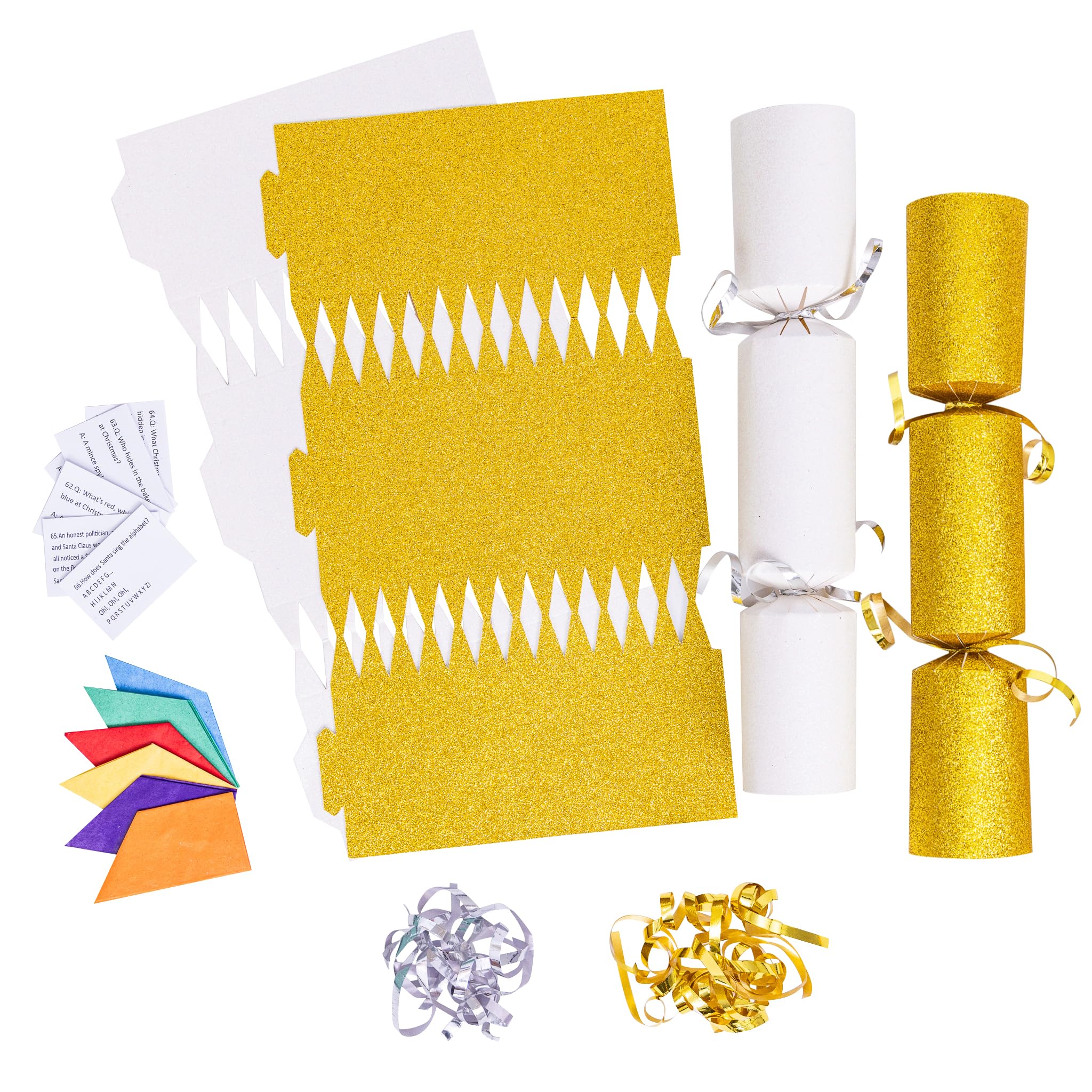 evelay 12 Make Your Own Christmas Cracker Kit DIY Gold & White Glitter Crackers Hats Snaps Jokes (Gold, White) — image 1