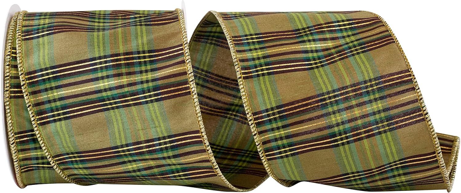 Ribbon - Grandisimo Plaid Dupioni Wired Edge Ribbon, Red, 4 Inch, 10 Yards