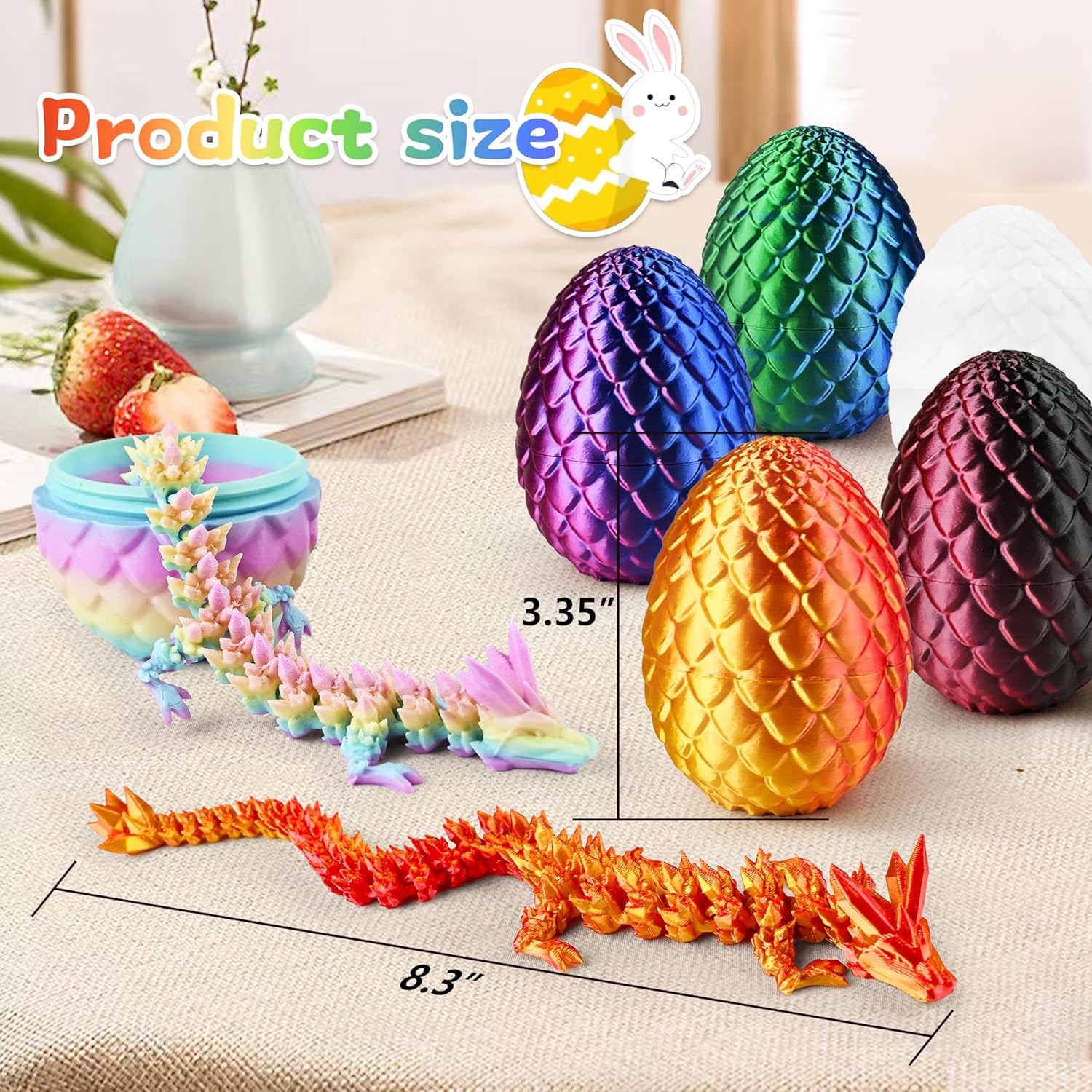 Impossmaker 8" 3D Printed Easter Dragon Eggs with 3D Printed Dragon Inside, Easter Basket Stuffers Mini Dragon Egg Set Articulated Crystal Dragon Fidget Toy for Adults Teens