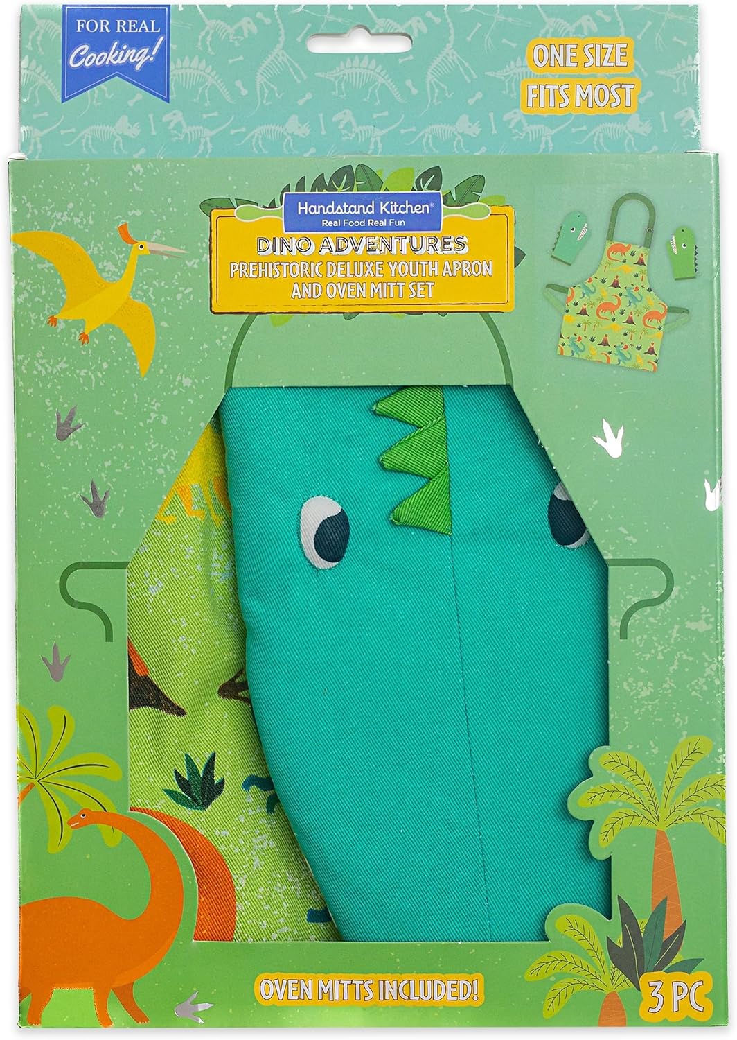 Handstand Kitchen Child's 100% Cotton Bold Print Apron and Oven Mitt Pair - Dinosaur Party