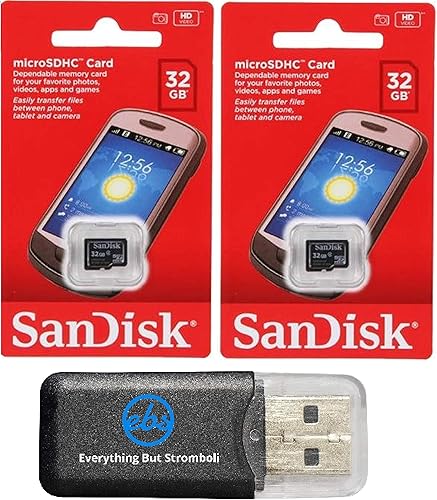 SanDisk - Tarjeta de memoria flash MicroSD HC de 32 GB (paquete de 2) clase 4 con (1) lector de tarjetas Everything But Stromboli MicroSD