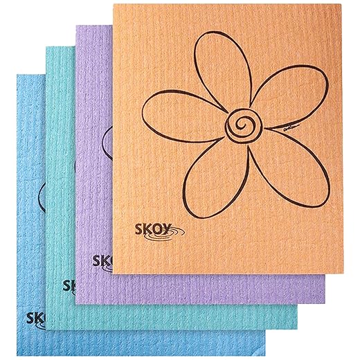 Skoy Cloth, 4-Pack Eco-Friendly and Reusable Swedish Dishcloth, for Kitchen and Household Use, Environmentally-Friendly, Dishwasher Safe, Plastic-Free Packaging, Assorted Colors