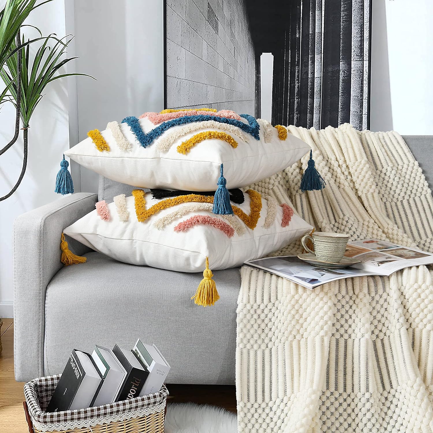 JASEN Boho Throw Pillow Covers, Woven Tufted Decorative Pillow Covers with Tassel Diamond Pattern Pillow Covers for Couch Sofa Bedroom Living Room No Pillow Insert, (Blue, 18 x 18-Inch)