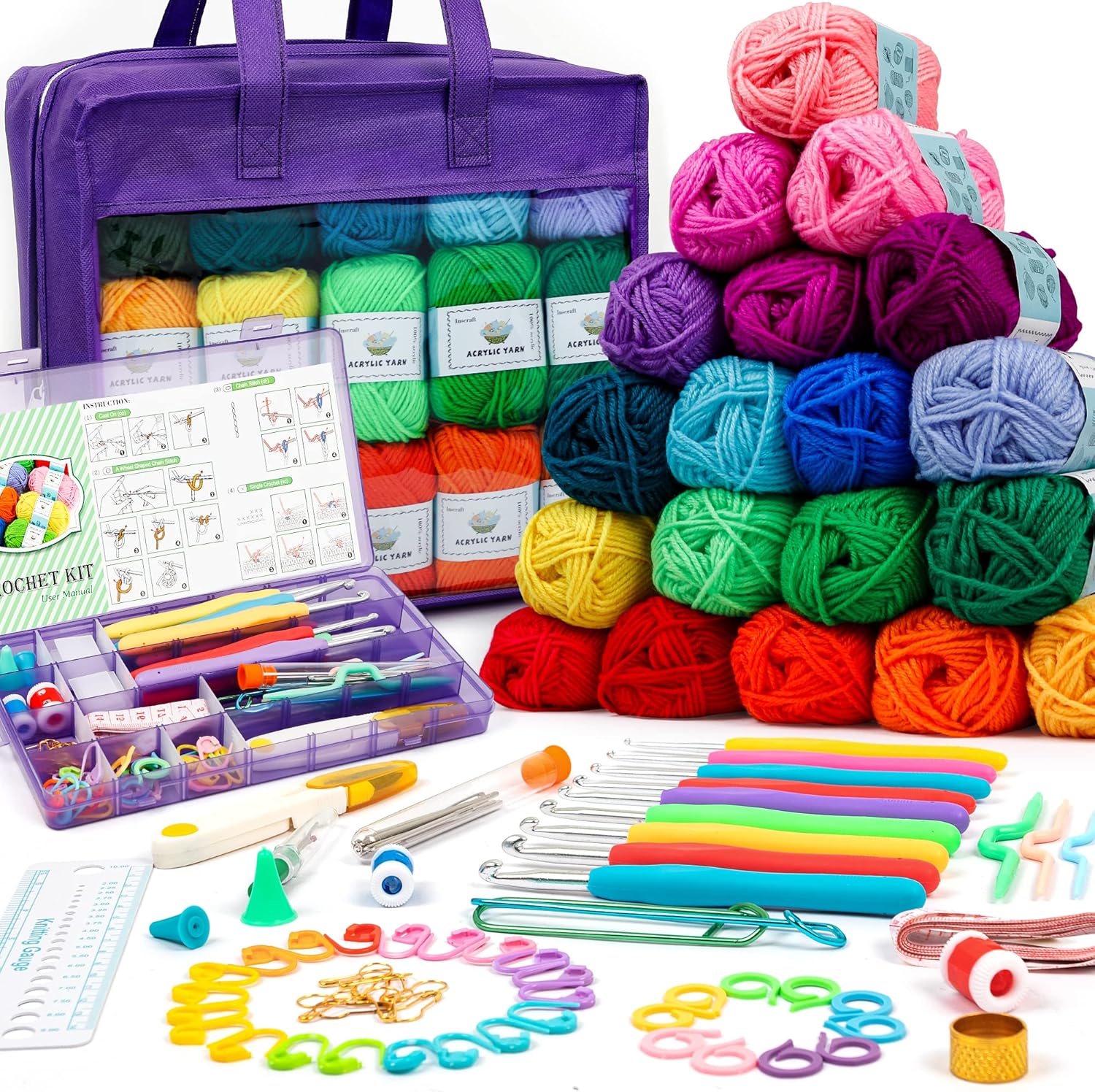 Inscraft Crochet Yarn Kit for Beginners Adults & Kids, Includes 1650 Yards 30 Colors Acrylic Skeins, Hooks, Purple Bag etc, Make Amigurumi & Crocheting Projects, Starter Set for Professionals