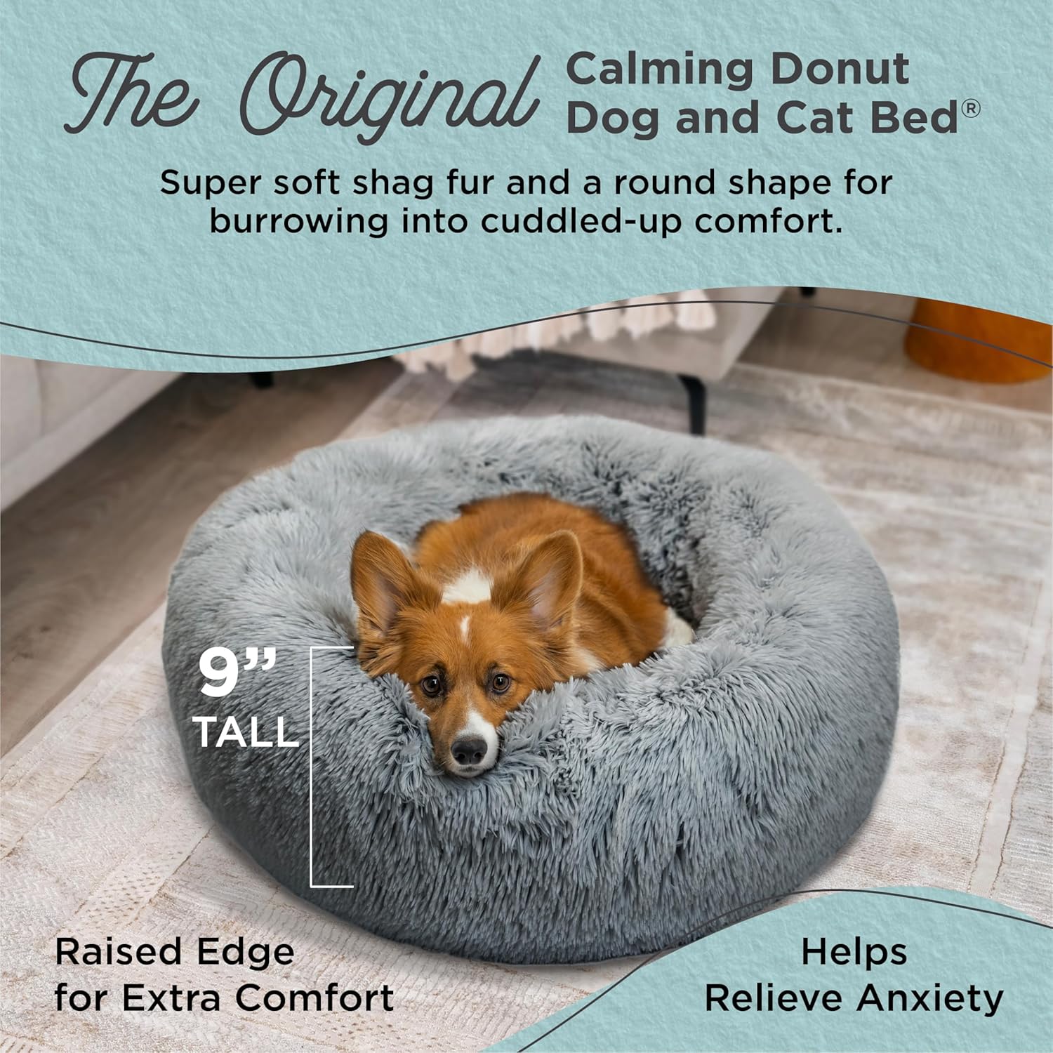 Small Gray Shag Fur Orthopedic Donut Pet Bed