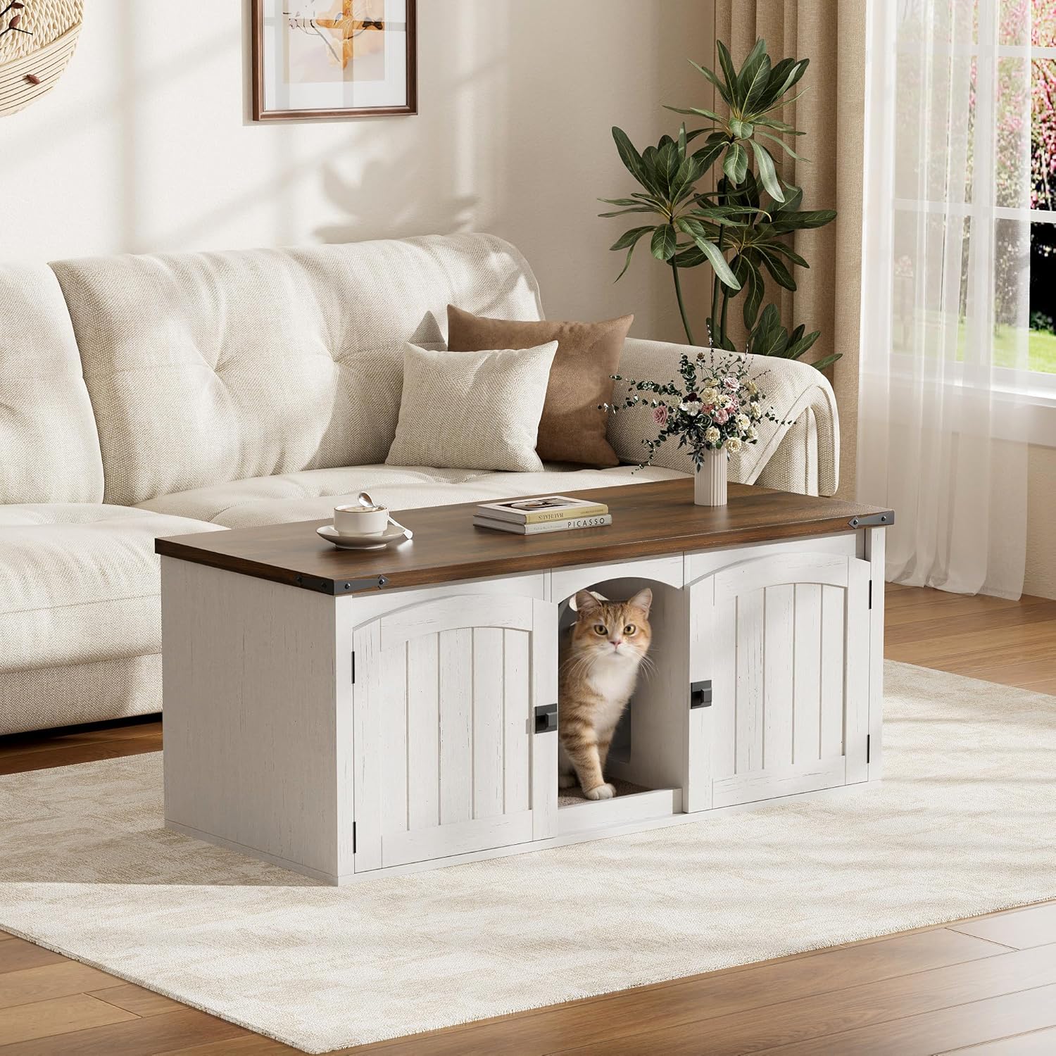 Vabches Cat Litter Box Enclosure for 2 Cats, Hidden Litter Box Furniture with Scratch Pad & Magnetic Doors, Farmhouse Wood Cat Litter Box Cabinet, Side Table, White and Walnut
