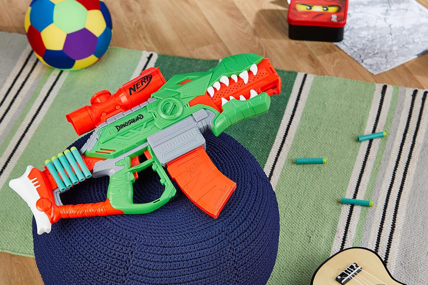 Nerf DinoSquad Rex-Rampage Motorised Dart Blaster, 10-Dart Clip, 20 Nerf Darts, 10-Dart Storage - T-Rex Dinosaur Design, Multicolor