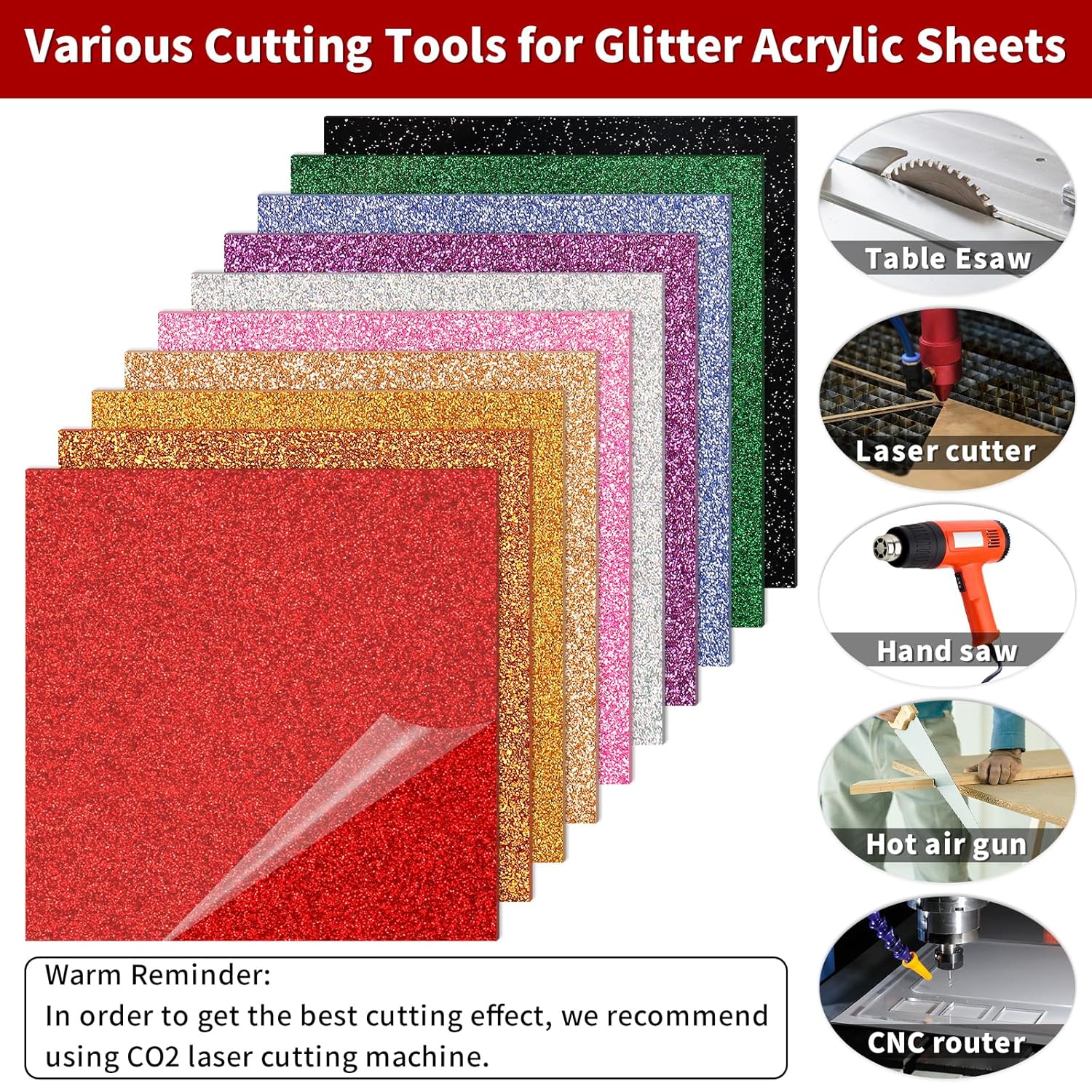 Glitter Acrylic Sheets 8 x 8 inch 1/8" Thick - 10 Pack Cast Plexiglass Acrylic Blanks for Creative DIY Projects Laser Tags Cutting Engraving UV Printed Signs
