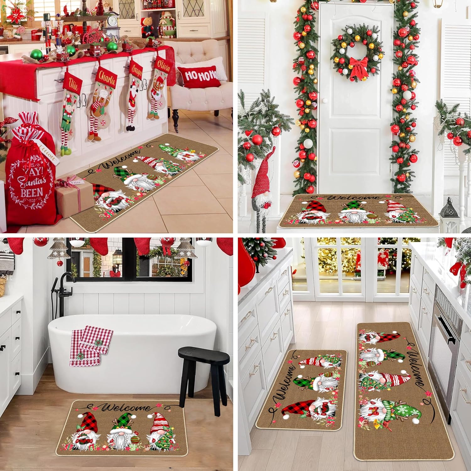 TREWAVE Christmas Kitchen Rugs Gnomes Door Mat Set of 2 Decorative Non-Slip Welcome Floor Mat Low-Profile Holiday Home Bathroom Decoration (17x29 17x47 Inch)