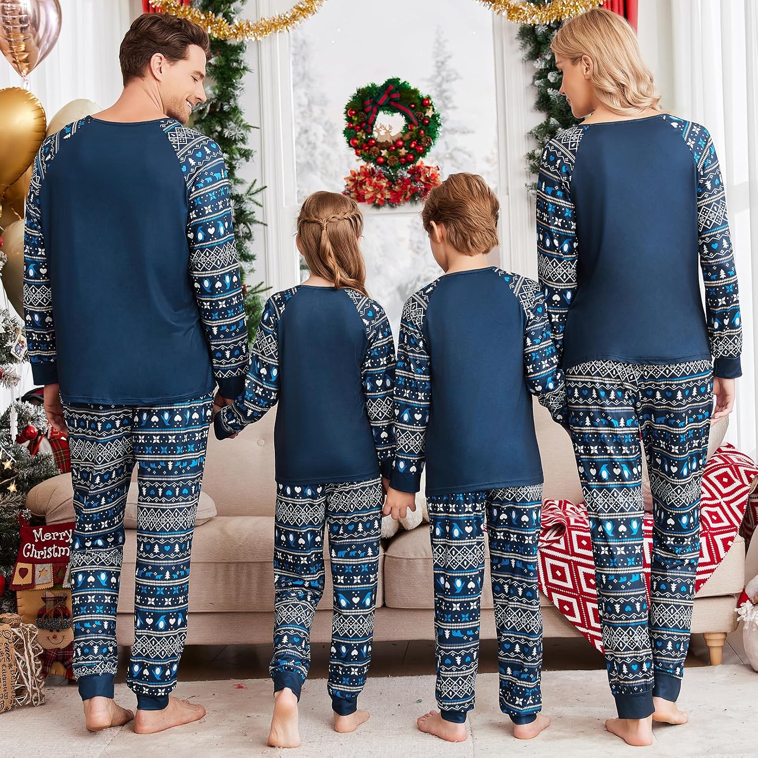 Ekouaer Christmas Pajamas for Family Long Sleeve Pjs Matching Sets with Plaid Pants Soft Sleepwear Loungewear