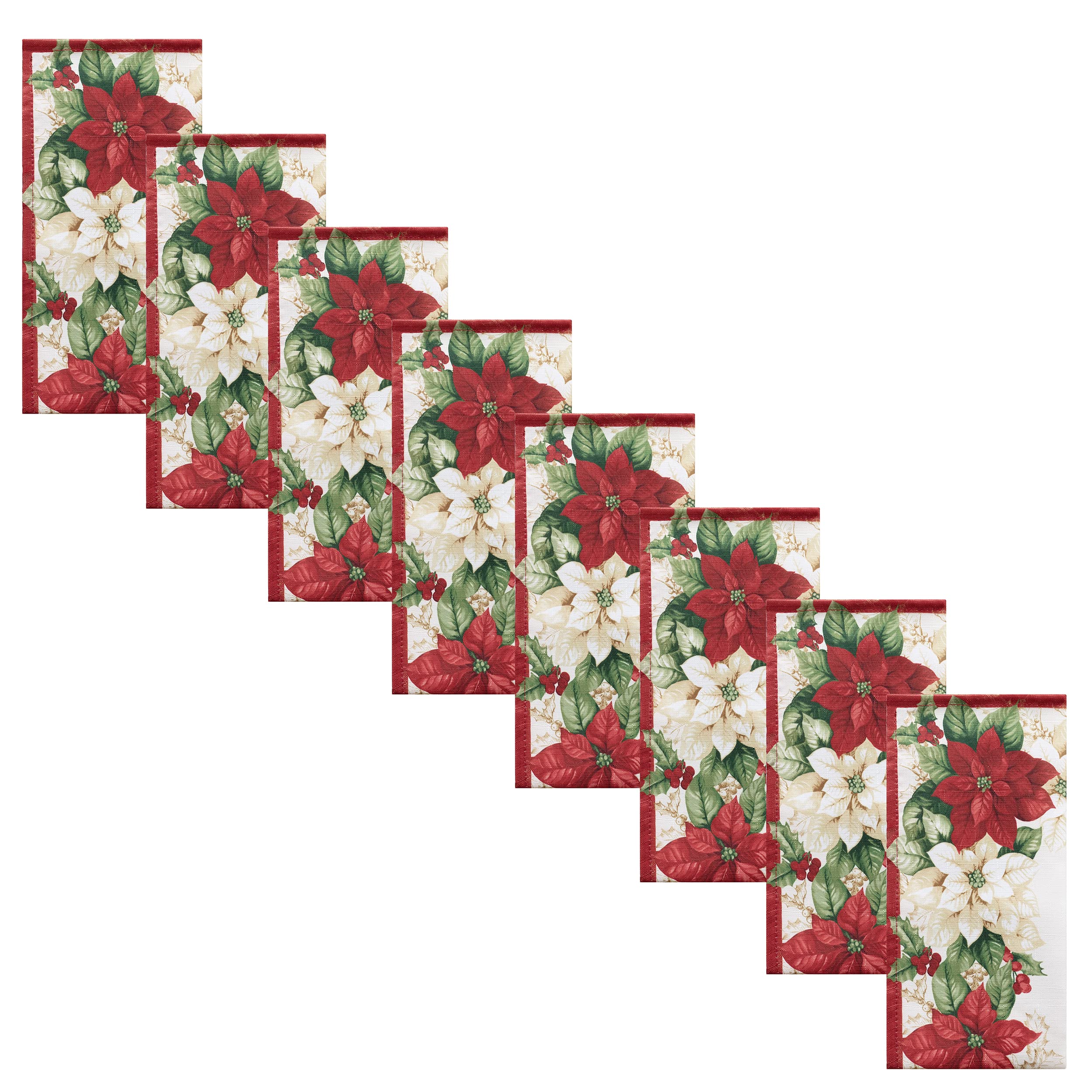 Newbridge Presley Red and White Poinsettia Double Bordered Christmas Fabric Napkins, Christmas Cottage Floral Bordered Print Easy Care, Stain Release Napkins, Set of 8 Border Napkins