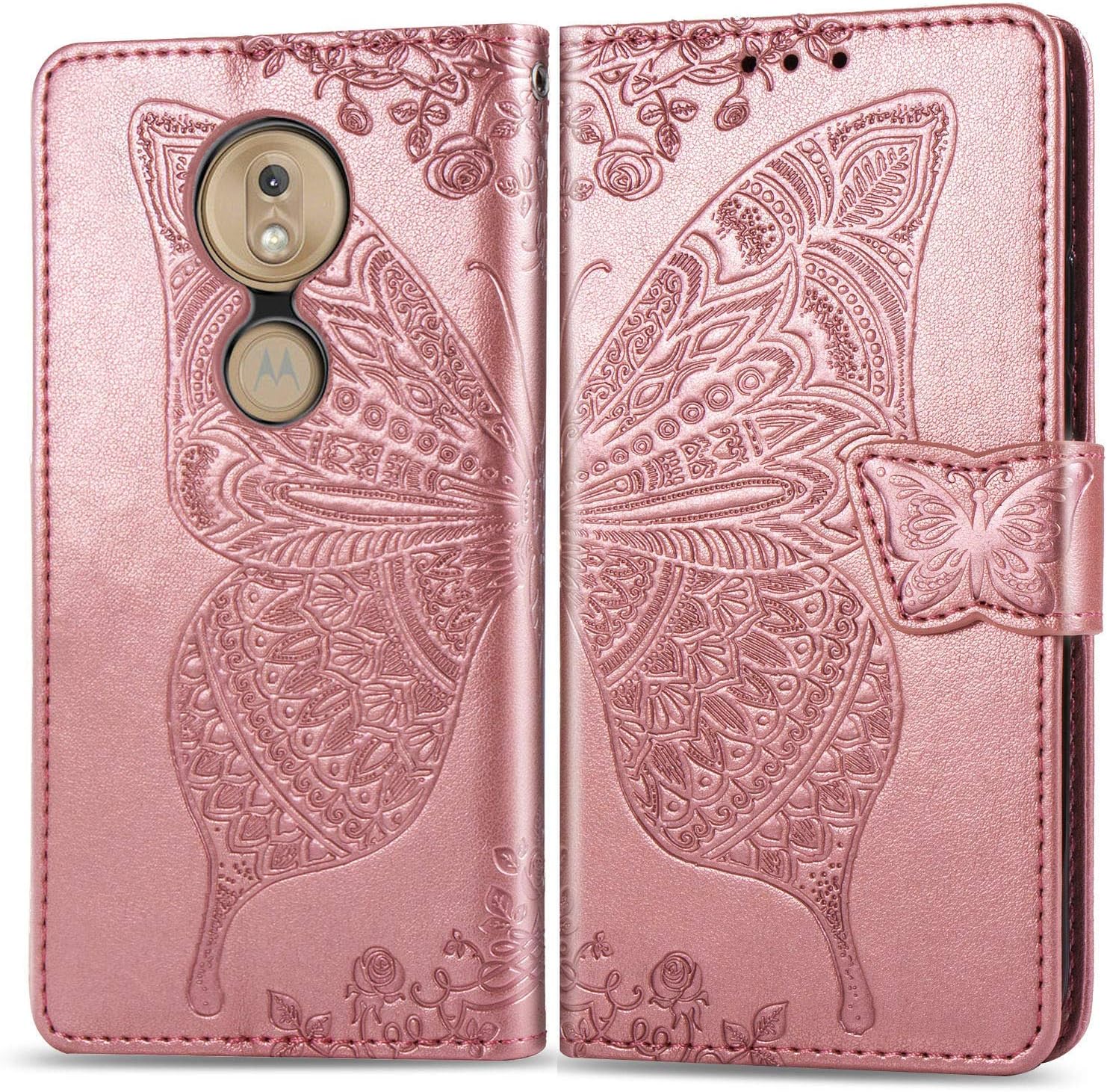 CMEKA 3D Butterfly Flower Wallet Case for Motorola Moto G7 Plus & Moto G7 with Credit Card Slots Holder Slim Flip Leather Protective Case,Magnetic Closure,Kickstand Function Rose Glod
