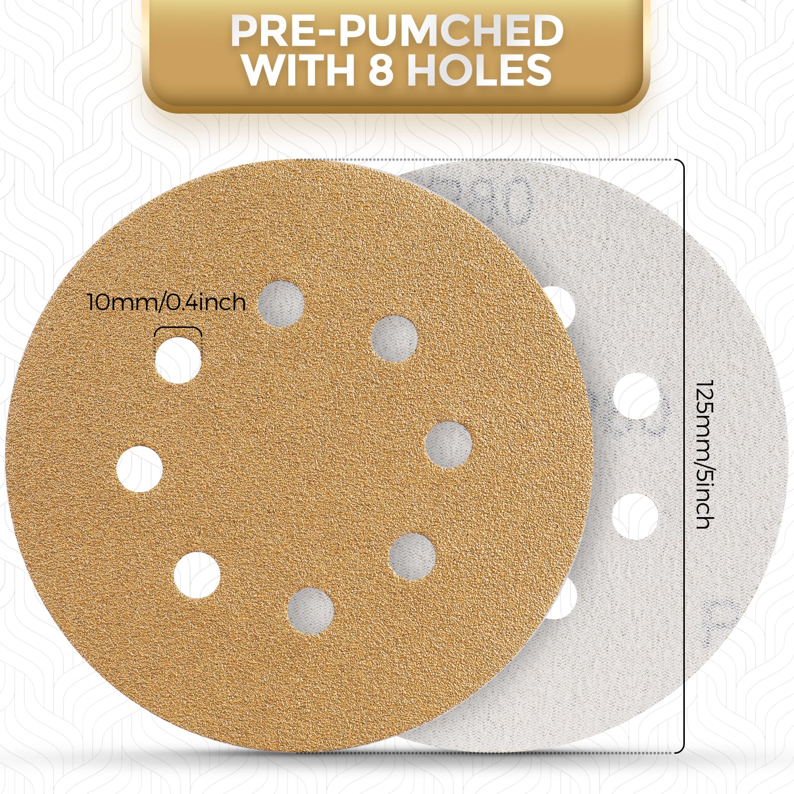 100 Discos de Lijado de 125 mm, Almohadilla de Lijado de 5 Pulgadas, Papel de Lija de Gancho y Bucle de 8 Orificios for lijadora Orbital aleatoria(120 Pcs-Mix Grit)