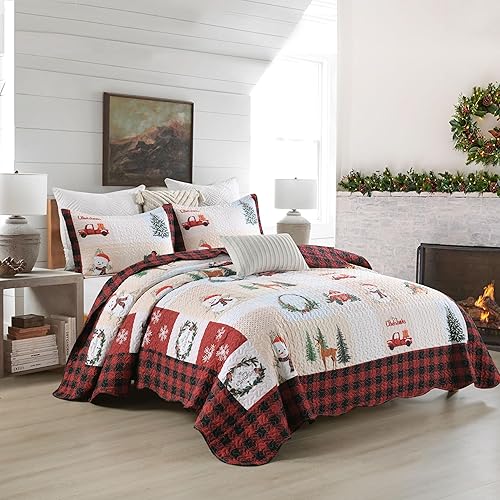 Miniatura 2 de Juego de edredón de Navidad de 3 piezas con estampado de reno rústico de Navidad, juego de ropa de cama (Queen)