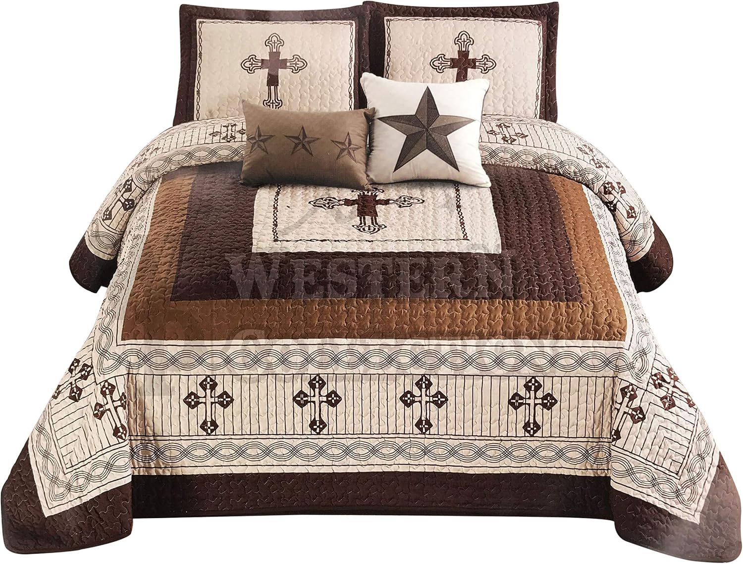 Western Peak 5 Pc Western Texas Cross Lodge Barbed Wire Quilt Bedspread Shams Pillow Oversize Comforter (Turquoise Texas Star, King)