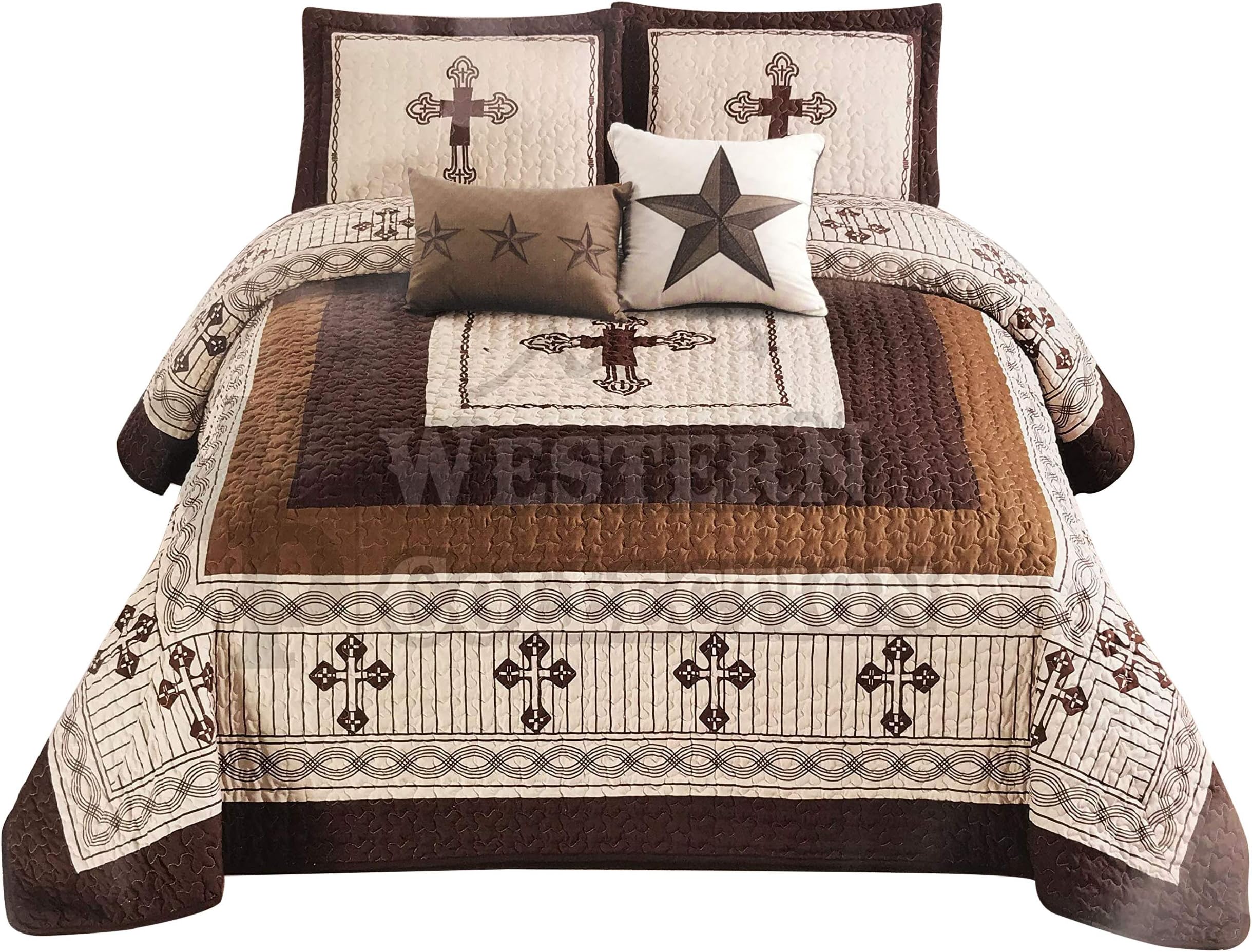 Western Peak 5 Pc Western Texas Cross Lodge Barbed Wire Quilt Bedspread Shams Pillow Oversize Comforter (Beige, King)