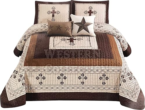 Miniatura 8 de Western Peak Juego de 5 piezas de colchas con alambre de púas estilo occidental, cruz de Texas, diseño de cabaña, fundas para almohadas, edredón