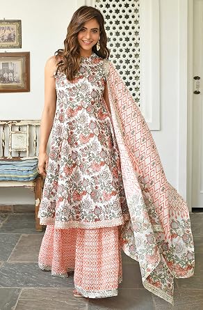 Janasya Indian Women's Cotton White Floral Print Festive Wear Kurta Set for Women