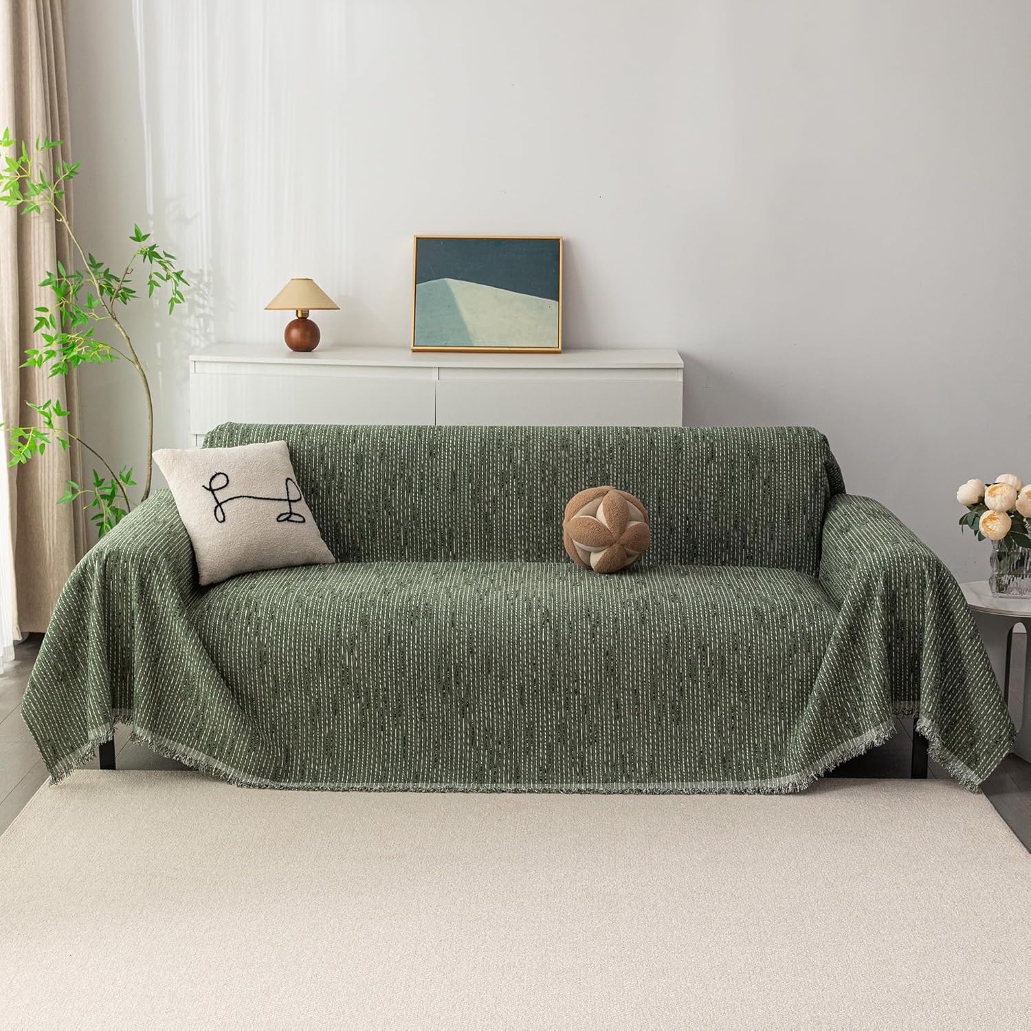 MYSKY HOME Couch Covers for 2 Cushion Couch Sofa, Chenille L Shape Sectional Couch Cover - Pet-Friendly, Machine Washable, Non-Slip Sofa Protector for Dogs, Kids, 71"x118", Moss Green