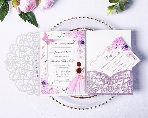 Vista 34 de ponatia 5.12 x 7.2 Invitaciones de boda de corte láser con purpurina negra, bolsillos de invitación triples cortados con láser con sobres