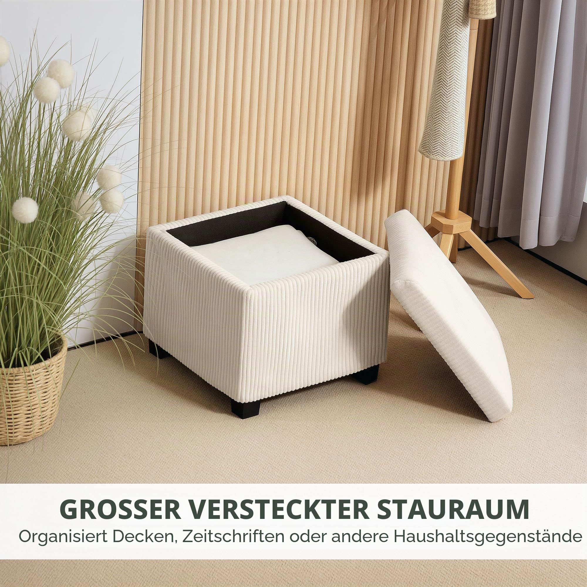 HOMCOM 40 cm quadratische Ottomane Aufbewahrungsbox mit abnehmbarem Deckel, gepolsterter Cord-Fußhocker, Fußstütze für Wohnzimmer, Schlafzimmer, Eingangsbereich, Beige