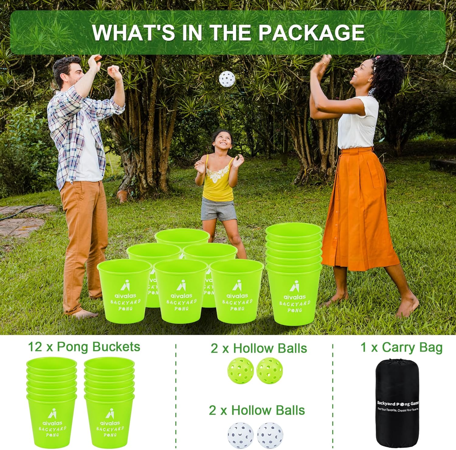 Aivalas Yard Pong Outdoor Games Glow Set in Dark, Giant Yard Pong Game for Adults and Family with 12 Buckets, 4 Balls and a Carrying Bag, Giant Pong for Beach, Camping, Lawn and Backyard