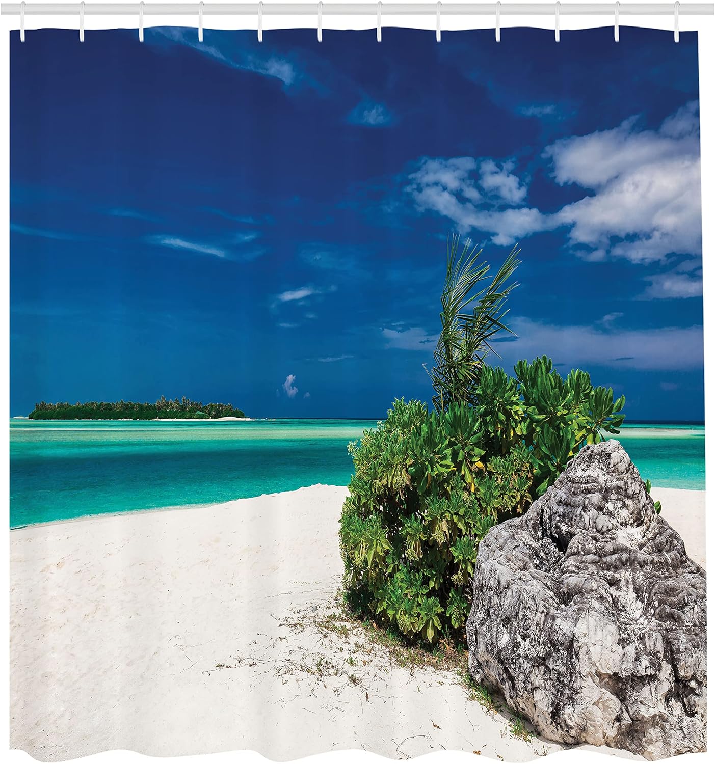 Ambesonne Coastal Shower Curtain, Dreamy Clear Sea and Rock on White Sandy Beach and Plants Holiday Maldives Summer View Picture, Cloth Fabric Bathroom Set with Hooks, 69" W x 75" L, Turquoise White