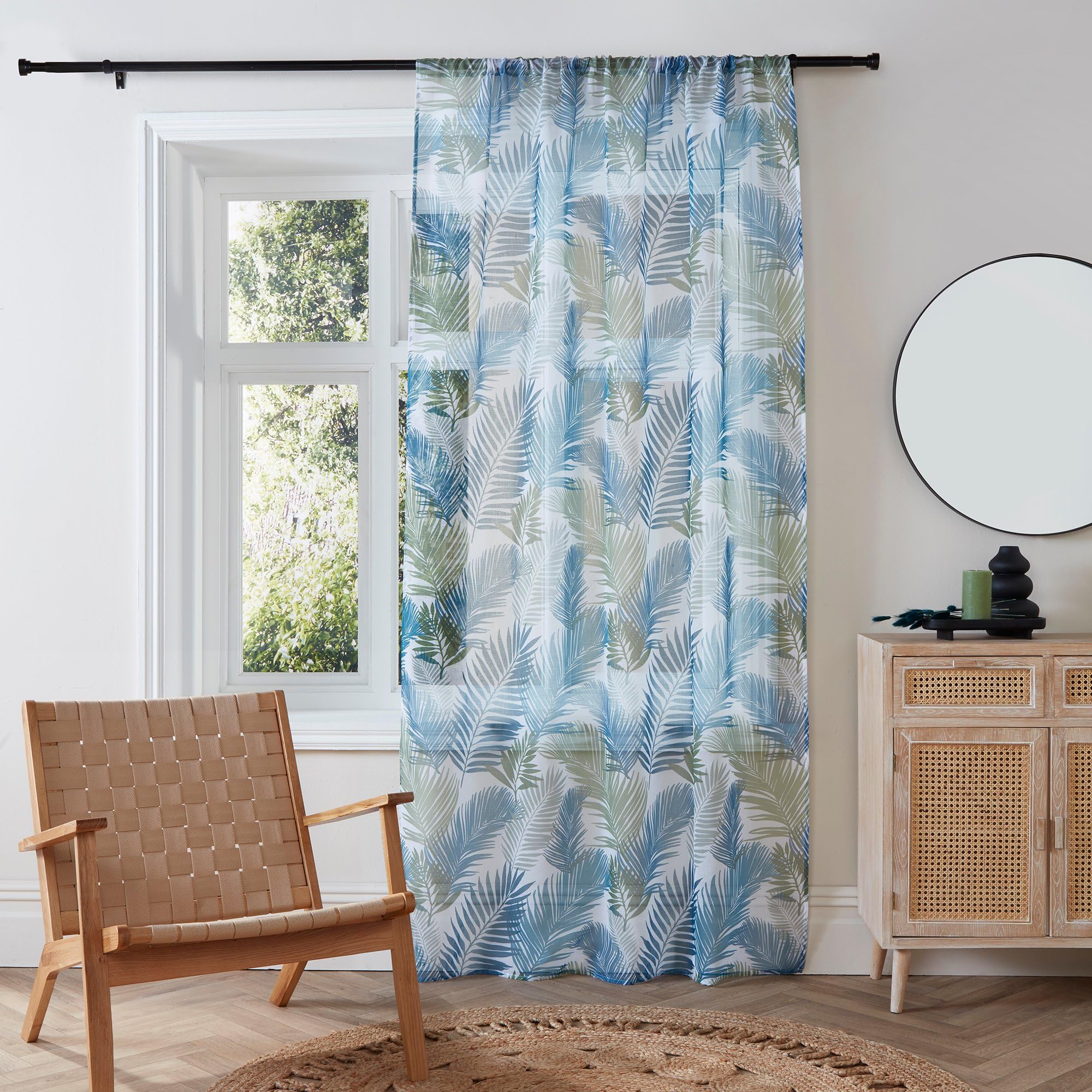 Fusion - Single Net Curtain for Windows W55 x L72 (140 x 182cm) - Voile Curtain for Bedroom/Living Room - Tropical Leaf/Ferns Sheer Curtain - Tropical Collection, Teal