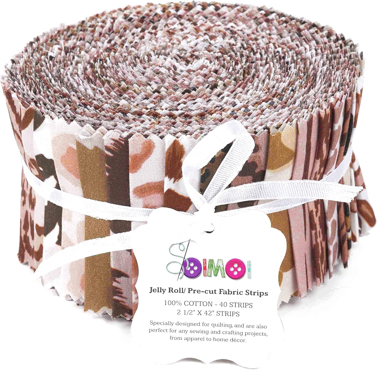 Soimoi 40Pcs Animals Print Cotton Precut Fabrics for Quilting Craft Strips 2.5x42inches Jelly Roll - Brown