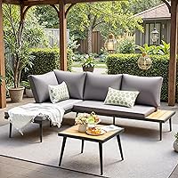 Devoko L-Shaped Outdoor Sectional Sofa with Acacia Wood Table, All-Weather Cushions - Patio Garden Conversation Set (Gray)
