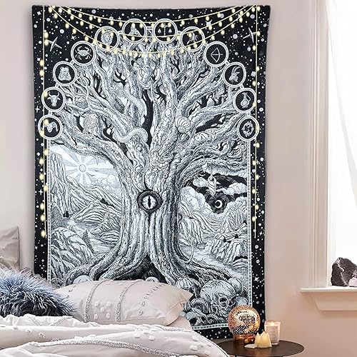 Miniatura 3 de ZYLLGLOW Tapiz del zodiaco con diseño de árbol de la vida en blanco y negro para dormitorio, estético, malvado de ojo, serpiente, sol y luna,