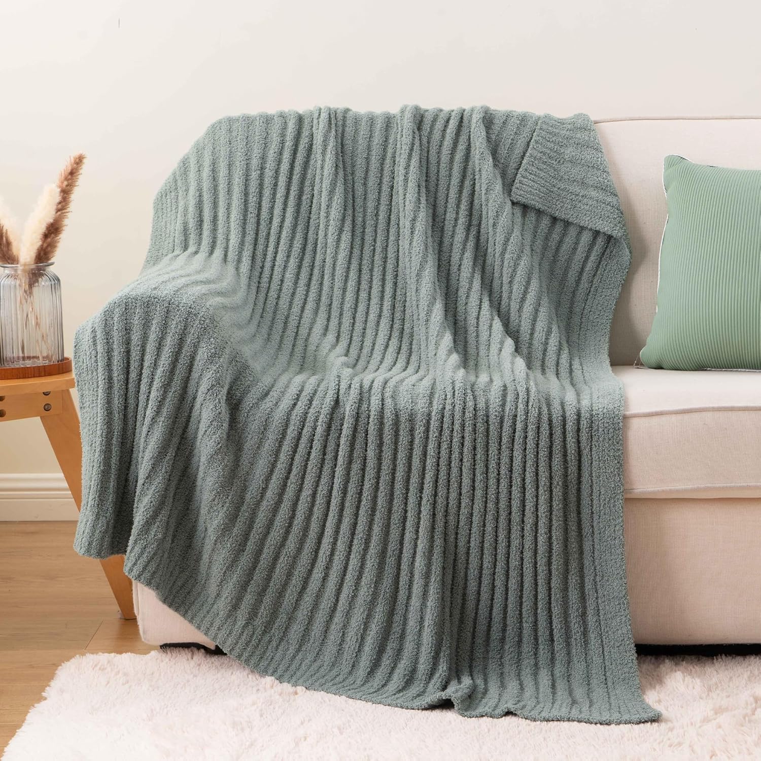 BATTILO Fluffy Soft Throw Blanket for Couch, Knit Fuzzy Plush Sage Green Throw Blankets, Cozy Warm Lightweight Blanket for Bed, Sofa, Home Decor, 50"x60" - Image 3