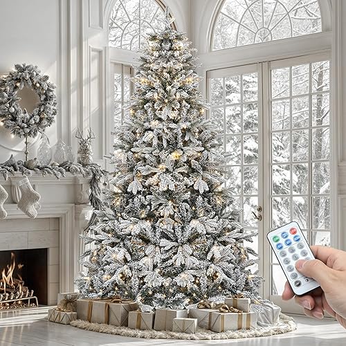 YITAHOME Árbol de Navidad flocado preiluminado de 6 pies con 1225 puntas de ramas mixtas de polietileno y PVC, árbol de Navidad artificial de abeto
