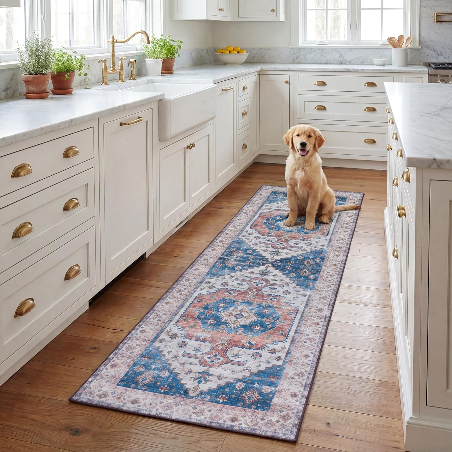 SAFAVIEH Washable Rug Tucson Collection - 2'6' x 8' Runner, Beige & Blue, Slip Resistant & Easy to Clean, Ideal for Hallway, Foyer, Entryway, Bedroom (TSN181B)