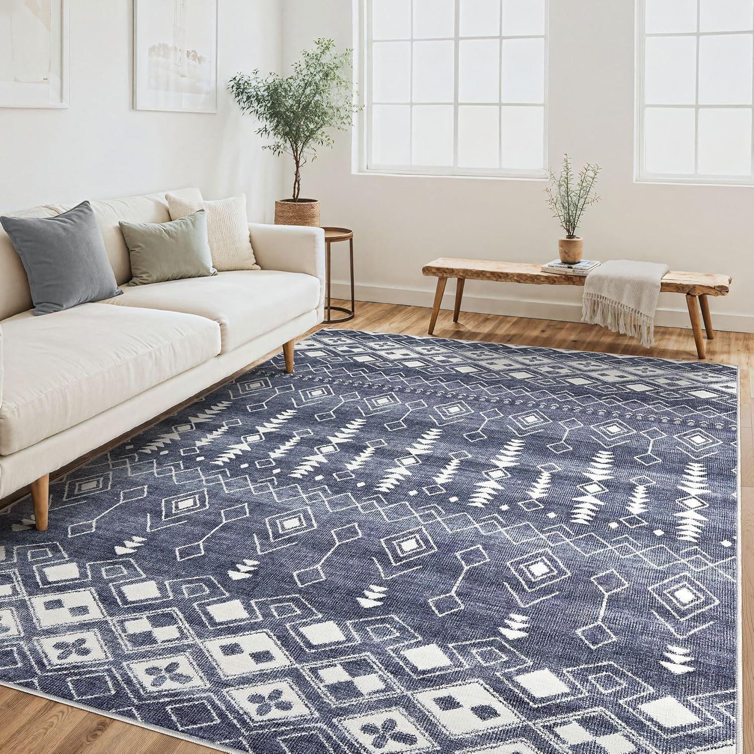 (similar)tortania area rug living room rugs - 5x7 washable large soft neutral boho moroccan bohemian farmhouse rug indoor floor carpet for bedroom under dining table home office decor - denimblue 5' x 7' (rectangular) denimblue