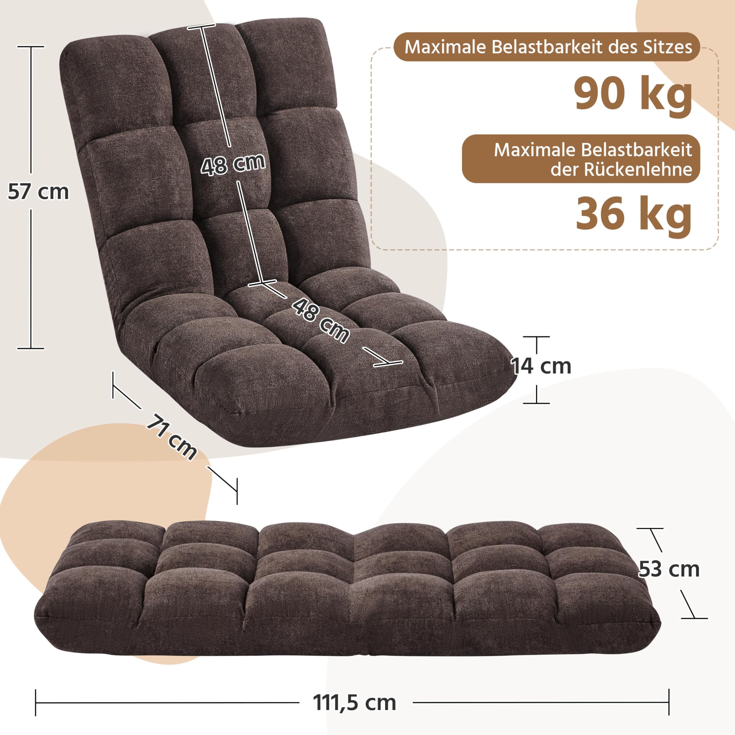 Yaheetech Bodenstuhl Faltbar, Lazy Sofa, Relaxsessel klappbar, Meditationsstuhl, Bodensessel mit Verstellbarer Lehne, Lesesessel für Zuhause oder Büro Braun