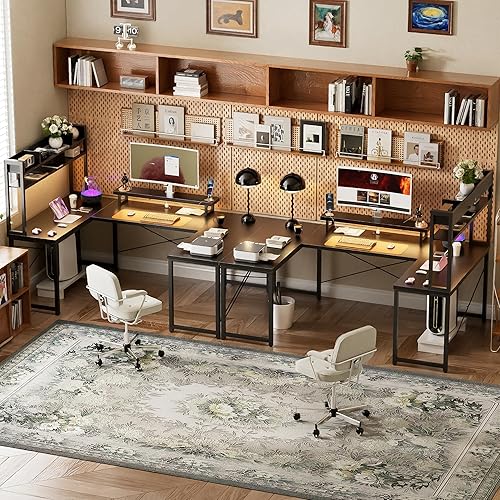 Miniatura 8 de Unikito Escritorio en forma de U con gabinete, escritorio reversible en forma de L con tomas de corriente y tira LED, mesa de oficina grande con