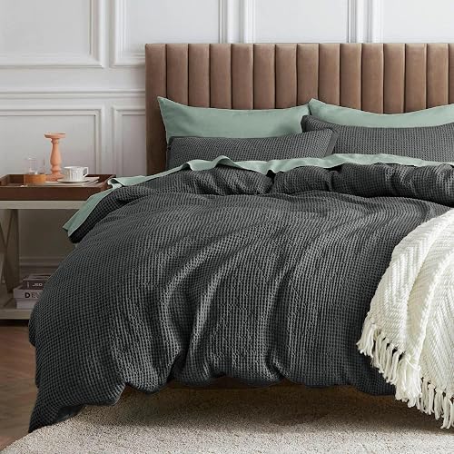 Bedsure Waffle Comforter Set Queen Size, Soft Cotton Cover, Charcoal