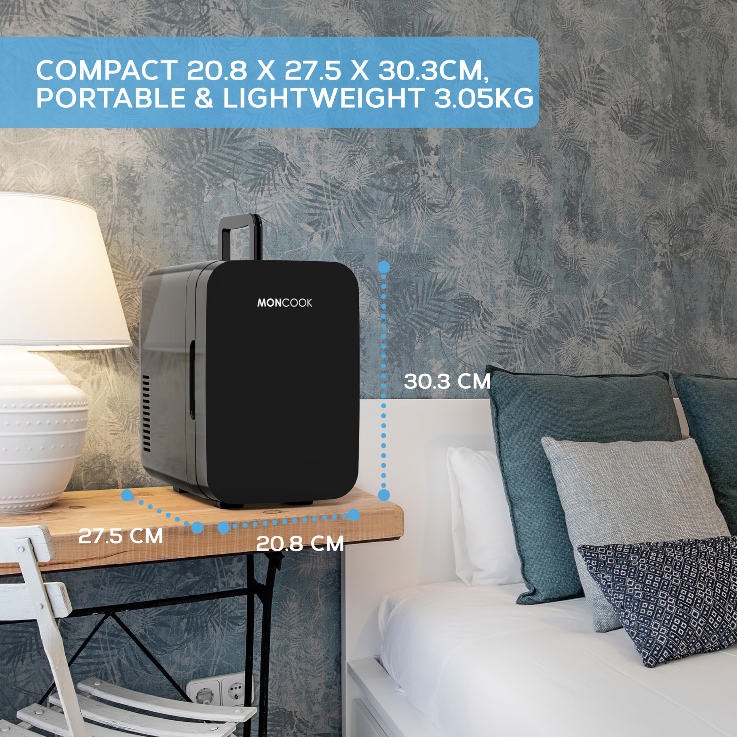 MONCOOK Mini Frigorifero - Piccolo, Portatile E Silenzioso - Minifrigo Con Porta In Vetro Per Cosmetici, Cibo E Bevande - Raffredda E Riscalda - Perfetto Per Casa, Ufficio O I Viaggi - 6L - Nero