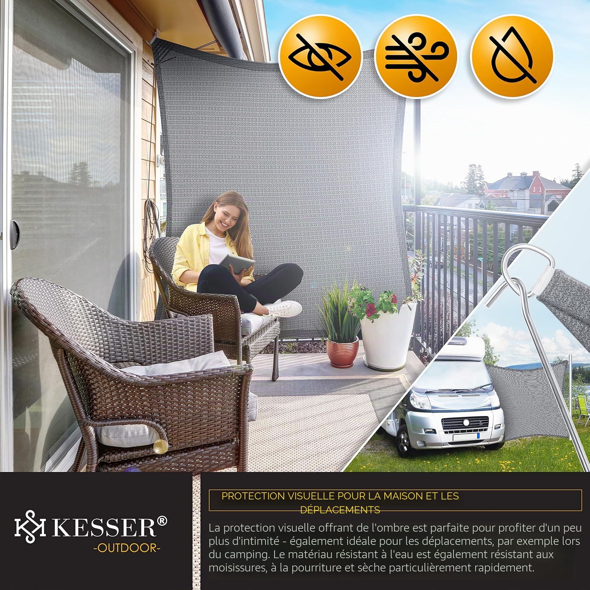 KESSER® Voile d'ombrage, Protection Solaire, Coupe-Vent, Tissu PEHD, imperméable et Coupe-Vent, Coutures transversales, Robuste et Stable, pour Jardin, Balcon, 2x2m, Gris