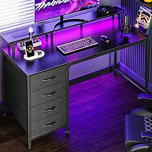 Huuger 47 Inch Computer Desk with Power Outlets and LED Lights, Gaming Desk with 4 Drawers, Office Desk with Monitor Stand, Study Work Home Office, Small Spaces, Black The Forest Stewardship Council