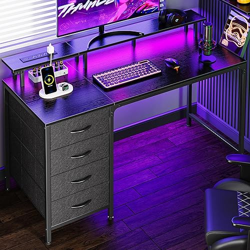 Huuger 47 Inch Computer Desk with Power Outlets and LED Lights, Gaming Desk with 4 Drawers, Office Desk with Monitor Stand, Study Desk Work Desk for Home Office, Small Spaces, Black - 47 inch - Black