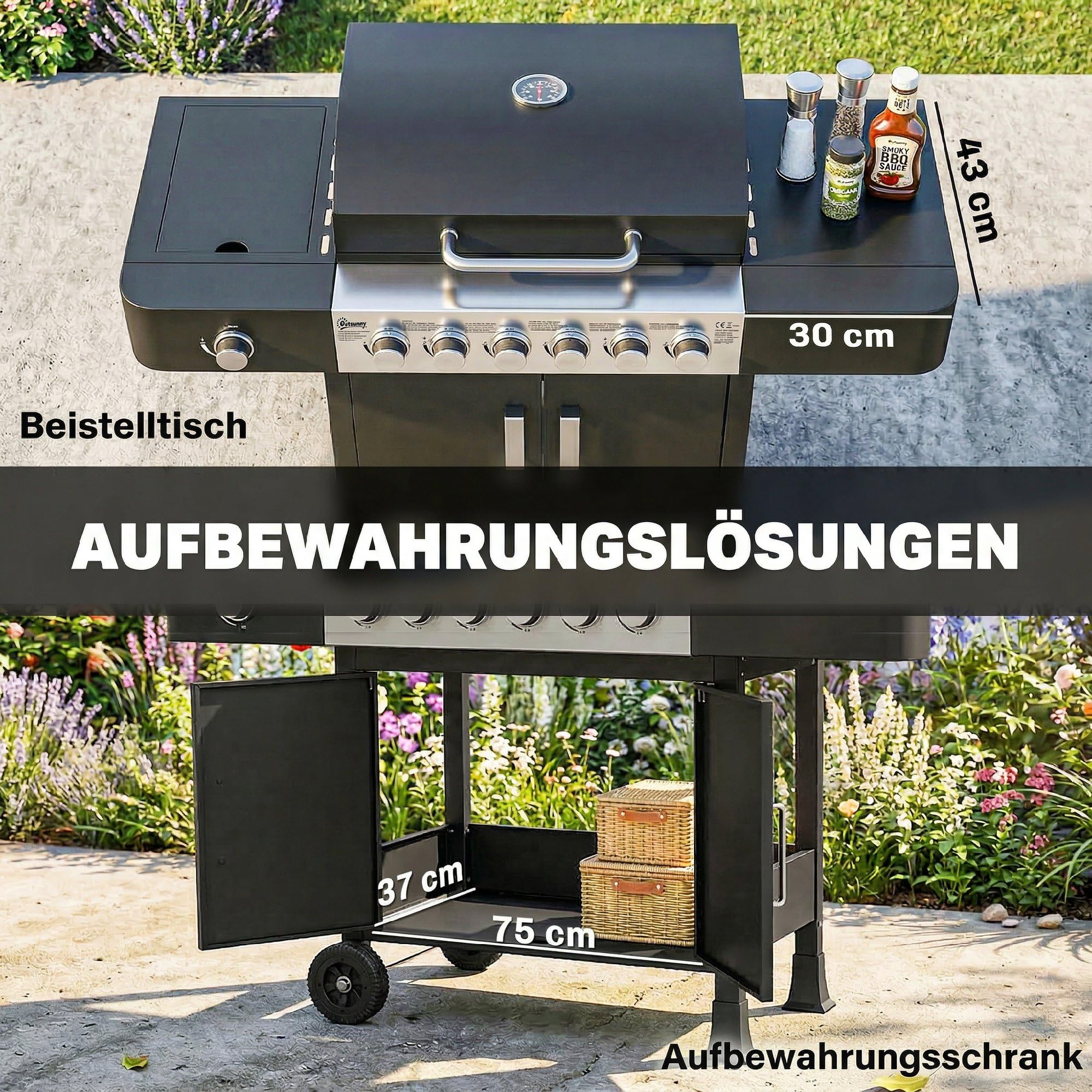 Outsunny Gasgrill 17,8 KW 6+1 Brenner BBQ Grillwagen aus Edelstahl inkl Rolle Seitenbrenner Thermometer Emaille-Grillrost Warmhalterost Seitentisch Unterschrank, Gas-Grill für Balkon BBQ Party
