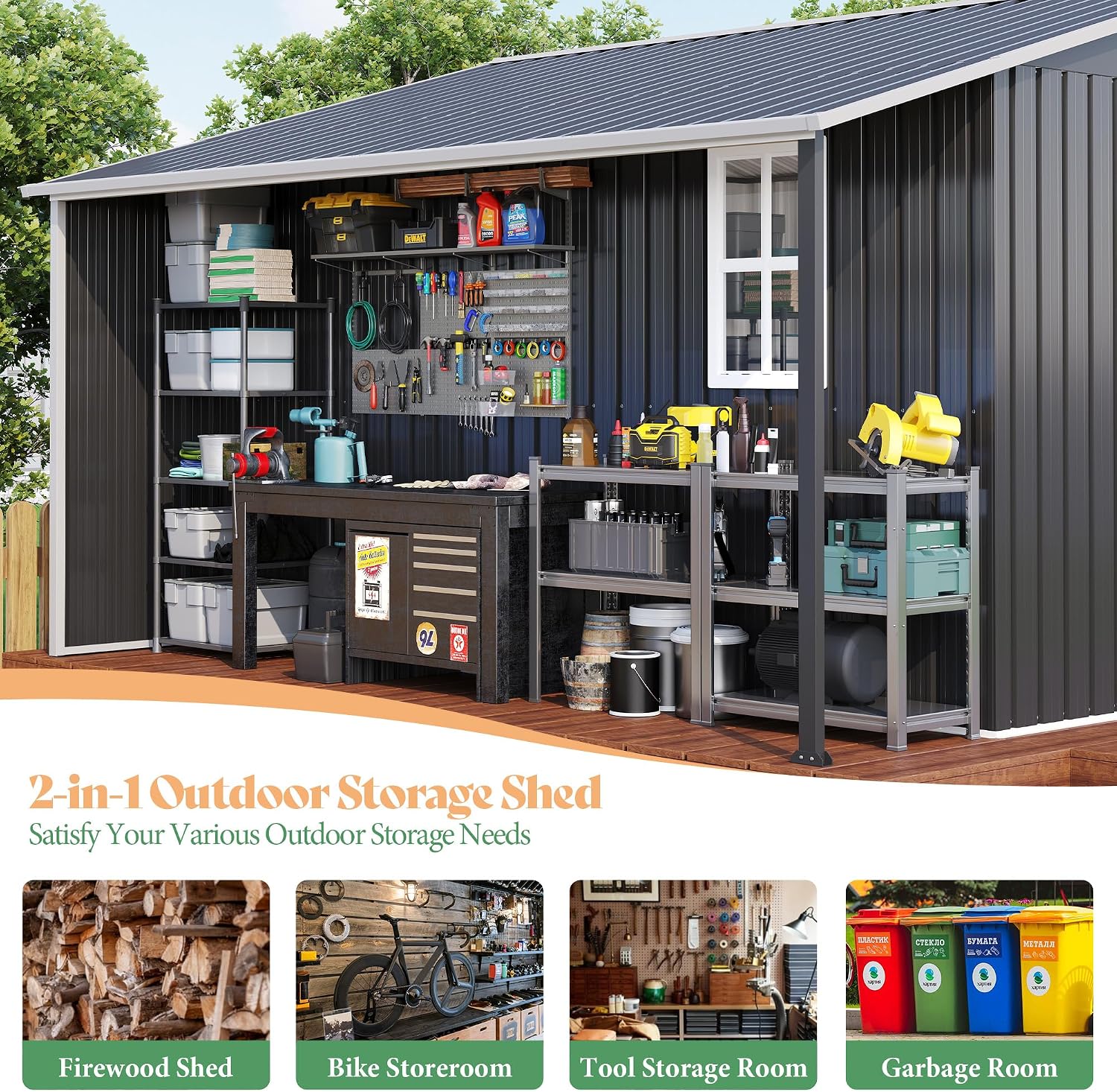 Jocisland 12x12x6.6 FT Galvanized Metal Storage Shed with Open Firewood Storage, Sliding Doors & Ramp, 2 Windows & Vents, Weather-Resistant Outdoor Tool/Garden Shed, Dark Grey/White