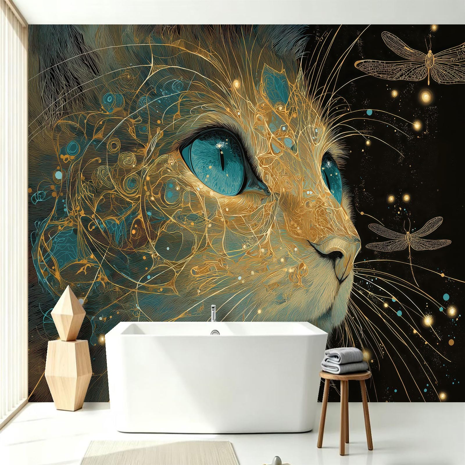 Fototapeta z efektem 3D, 300 x 210 cm, zwierzęta, kot, złote linie, motyw włókniny, tapeta ścienna, do salonu, sypialni, łazienki, kuchni, dekoracja ścienna