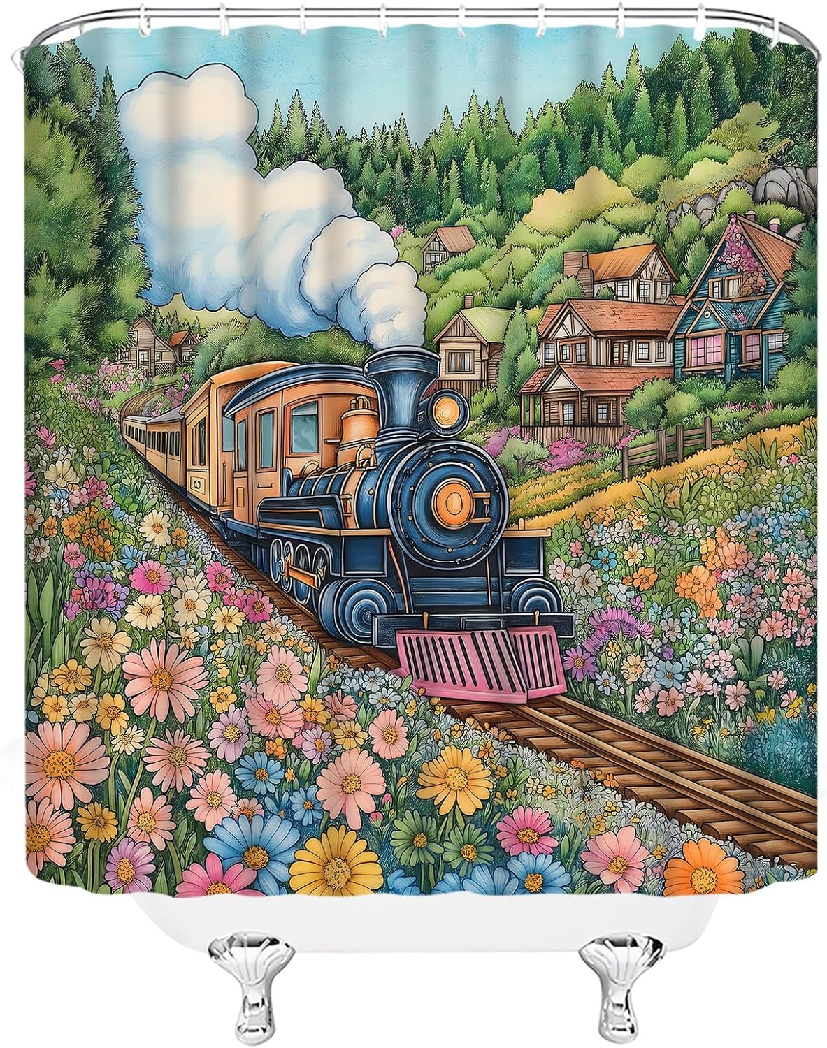 GCTNBJL Retro Train Shower Curtain Rustic Nature Colorful Flower Tree Forest Vintage Steam Train Oil Painting 180x70(WxH) Inch Bathroom Decor Fabric Curtain with Hooks