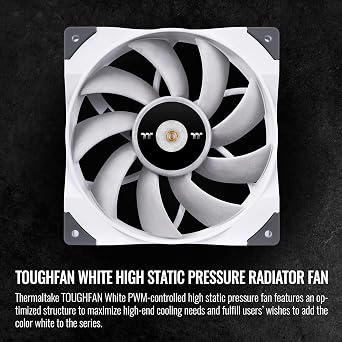 Thermaltake ToughFan 12 White High Static Pressure 2000 PWM, Metal-Reinforced Motor Hub, Gen.2 Hydraulic Bearing 120mm Case/Radiator Fan, Single Pack, CL-F117-PL12WT-A